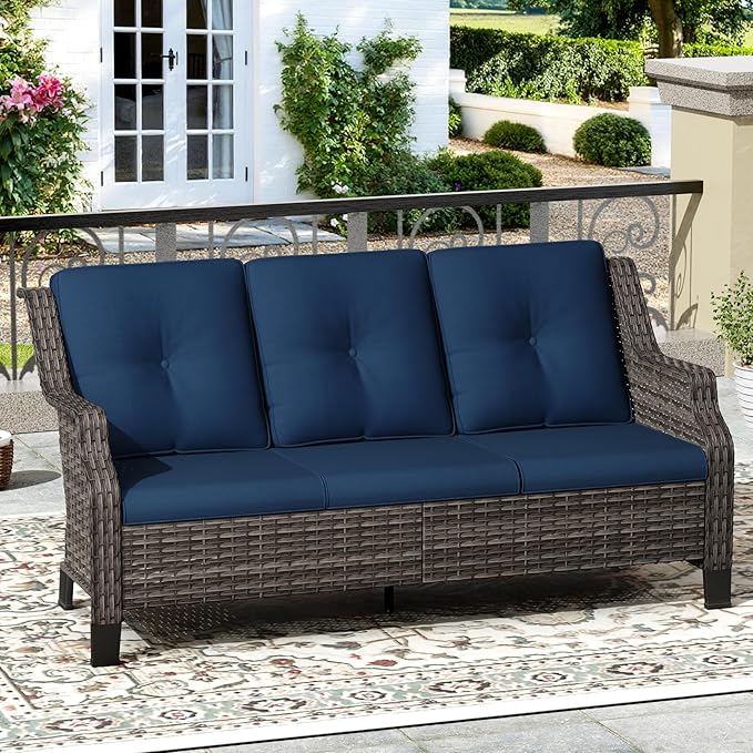 Outdoor Patio Sofa Wicker 3 Seater Sofa, Rattan Couch with Deep Seat and Olefin Cushions, High Backrest, All-Weather for Balcony, Deck, Backyard