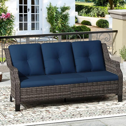 Outdoor Patio Sofa Wicker 3 Seater Sofa, Rattan Couch with Deep Seat and Olefin Cushions, High Backrest, All-Weather for Balcony, Deck, Backyard