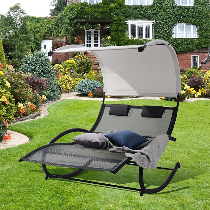 Double Chaise Lounge, Outdoor Bed Lounger with Sun Shade & Wheels - Photo 9