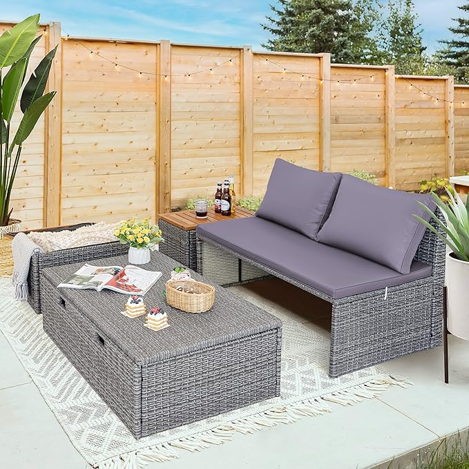 Devoko Patio Day Bed with 2 Side Tables Outdoor Daybed Set MultifunctionalRattan Lounge Bed for Backyard Porch Poolside - Photo 2