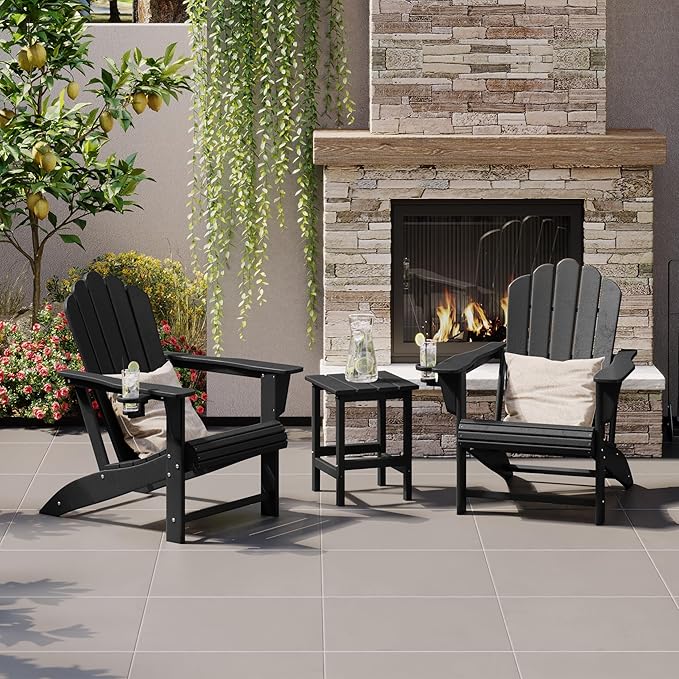 Costaelm Lakeview 3-Piece Outdoor Patio HDPE Adirondack Chair with Cup Holder and Table Set, Black