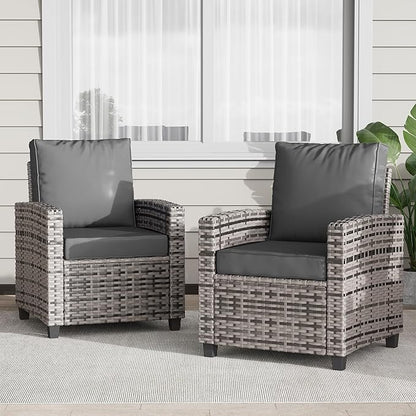 2 Pieces Patio Furniture Set, Outdoor Wicker Chairs Set of 2, All Weather High Back Rattan Chairs, Seating Club Chair Porch Chairs Set with Cushions for Balcony Porch Deck, Grey2