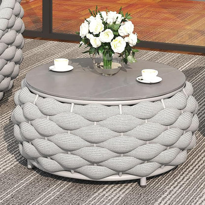 TWT Outdoor Coffee Table Round Centerpiece Table, Lightweight Accent Table with Hand Woven Rope Decor for Garden and Patio(Polyester Rope, Light Grey)