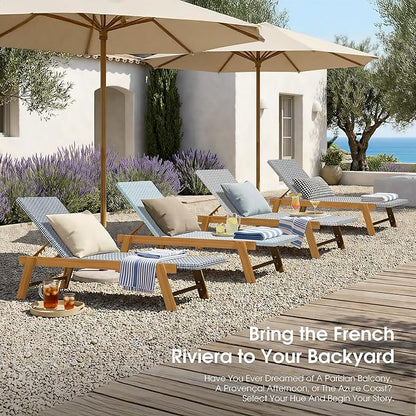PURPLE LEAF Extra Large Patio Chaise Lounge 2 Pieces French Outdoor Wicker Lounger Matte Teak Aluminum Frame 771LBS Capacity PE Rattan Adjustable Backrest for Pool Garden Beach Backyard Light Blue