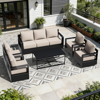 Outdoor Aluminum Furniture Set, 6-Piece Patio Conversation Set, 2 Swivel Chairs, 2 Chairs,1 Sofa and 1 Table, All-Weather Metal Frame, 6" Thick Removable Cushions, Deep Setting for Garden, Porch
