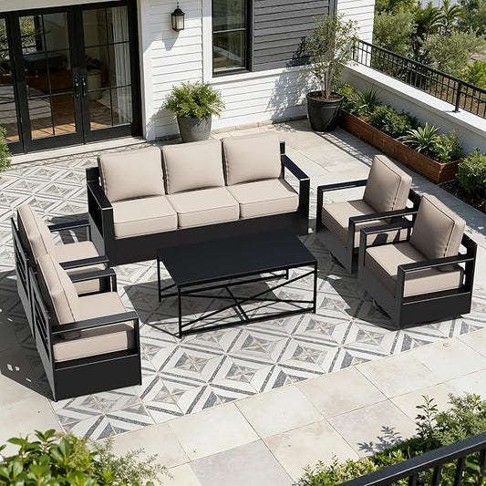 Outdoor Aluminum Furniture Set, 6-Piece Patio Conversation Set, 2 Swivel Chairs, 2 Chairs,1 Sofa and 1 Table, All-Weather Metal Frame, 6" Thick Removable Cushions, Deep Setting for Garden, Porch