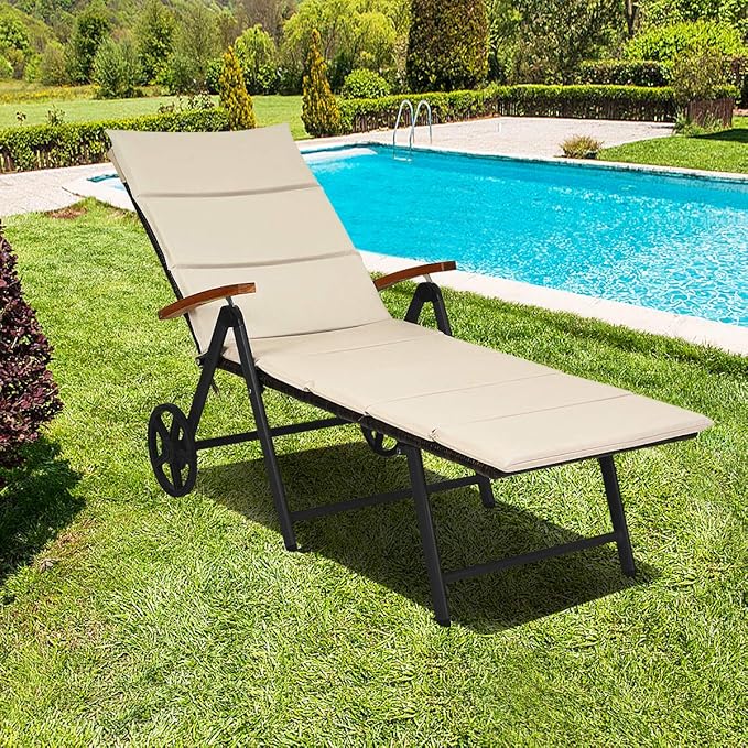 Tangkula Foldable Outdoor Chaise Lounger, Wicker Lounger Chair with Aluminum Black Frame, Wheels for Easy Moving - Photo 1