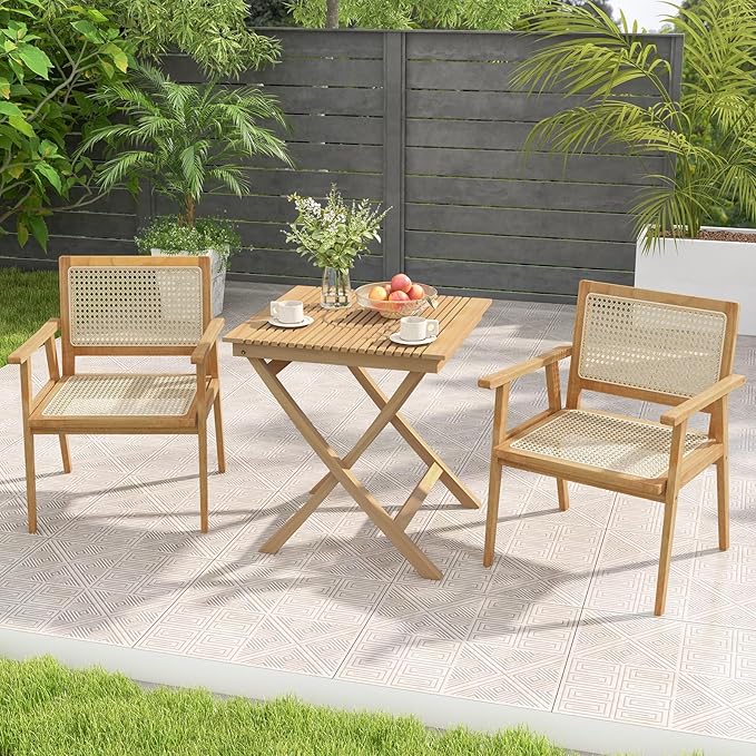 Tangkula 27.5 Inch Teak Wood Patio Dining Table, Square Outdoor Bistro Table with Slatted Tabletop, Sturdy Wood Frame & Thickened Top, Teak Outside Dining Table for Balcony, Deck, Backyard, 2 Pack