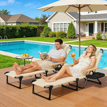 Outdoor Chaise Lounge Chair with 4-Position Adjustable Backrest, Patio Folding Sun Tanning Chair, Pillow & Cup Holder, Portable Recliner Sunbathing Lounger Chairs for Pool Beach Lawn Garden (Beige)
