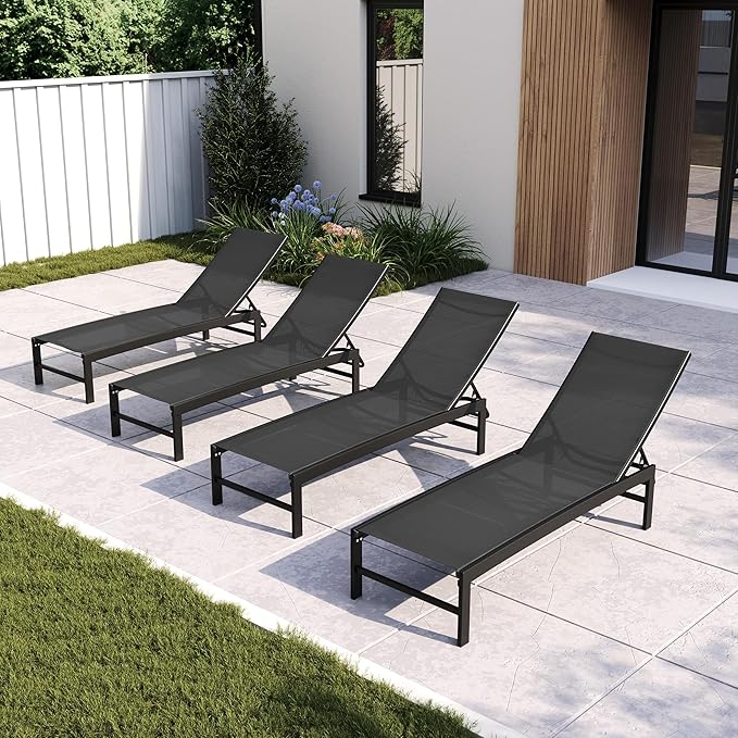 Chaise Lounge Chair, Set of 4 Outdoor Recliner Lounge Chair Sun Loungers, All Weather Chaise with 5 Adjustable Backrest and Lay Flat Positions for Garden, Balcony, Pool, Black