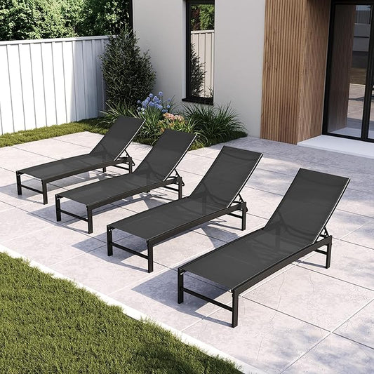 Chaise Lounge Chair, Set of 4 Outdoor Recliner Lounge Chair Sun Loungers, All Weather Chaise with 5 Adjustable Backrest and Lay Flat Positions for Garden, Balcony, Pool, Black