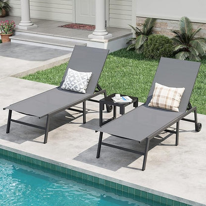 Amopatio 3 Piece Patio Lounge Chairs Set 2 Pool Chaise Lounges with Wheels and 1 Side Table 5-Position Adjustable Lounge Furniture with Heavy-Duty Steel for Backyard Poolside,400 LBS Capacity,Gray