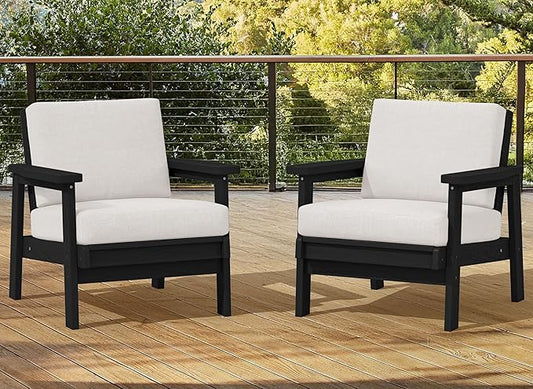 SERWALL HDPE Outdoor Couch Set of 2, All-Weather Wood-Like Patio Furniture Set, Black Outdoor Sofa Chairs with Khaki Cushions