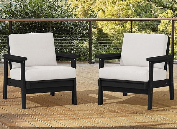 SERWALL HDPE Outdoor Couch Set of 2, All-Weather Wood-Like Patio Furniture Set, Black Outdoor Sofa Chairs with Khaki Cushions