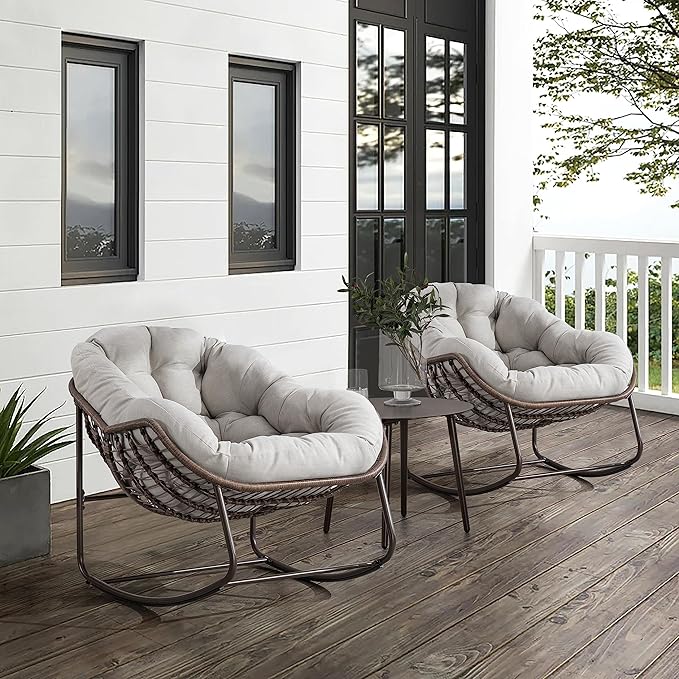 Large Indoor Outdoor Rocking Chair, Oversized Rocking Papasan Chair with Thick Cushion and Frame Outdoor Rocker, Comfy Wicker Egg Chairs Lounge for Outside Porch Patio Backyard (Beige, Set of 2)