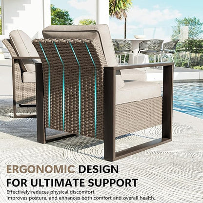 Outdoor Patio Furniture Set, 7 Piece Wicker Patio Conversation with Deep Seating, Thicken Cushions, Outdoor Club Chair, Metal Outdoor Furniture for Deck, Porch, Yard Use (Beige, 7 PCS/Chairs)