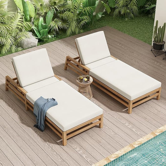 Leisure Zone 5-Position Adjustable Outdoor Chaise Lounge Set of 2, Solid Acacia Wood Patio Recliner Chairs with Beige Thick Weather-Resistant Cushions, for Pool, Balcony, Garden (Light Teak)