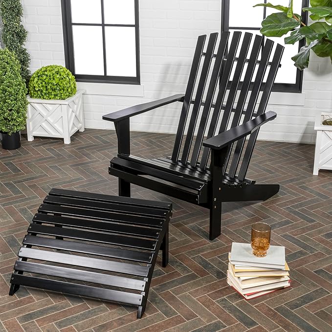 JONATHAN Y ADK1000C Saranac 2-Piece Traditional Rustic Acacia Wood Adirondack Chair with Detachable Ottoman Classic, Coastal, Cottage, Vintage, Farmhouse, Black