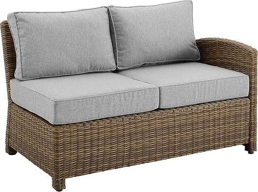 Crosley Furniture Bradenton Outdoor Sectional Right Side Loveseat, 2-Person Wicker Patio Couch for Deck, Brown with Gray Cushions