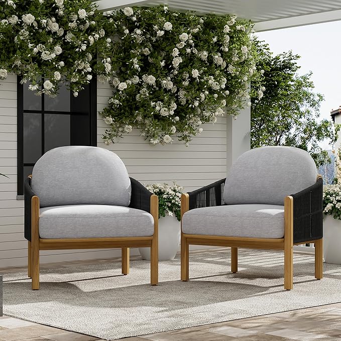 Christopher Knight Home Grotta Acacia Wood Patio Accent Chair Set of 2, Wooden Lounge Chair Outdoor - Photo 1