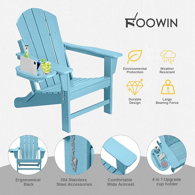 FOOWIN Folding Adirondack Chair, HDPE Adirondack Chairs with Cup Holder - Photo 6
