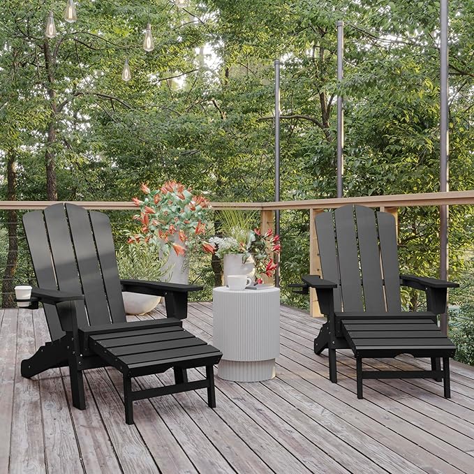 Flash Furniture Newport Adirondack Cup Holder and Pull Out Ottoman, All-Weather HDPE Indoor/Outdoor Lounge Chair, Set of 2, Gray