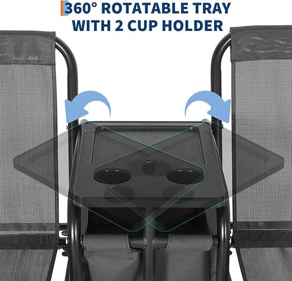 Porch Swing with Cup Holders & Pivot Storage Table & Cooler Bag with Adjustable Canopy for 2 Person Patio Swing for Backyard Balcony Poolside Black
