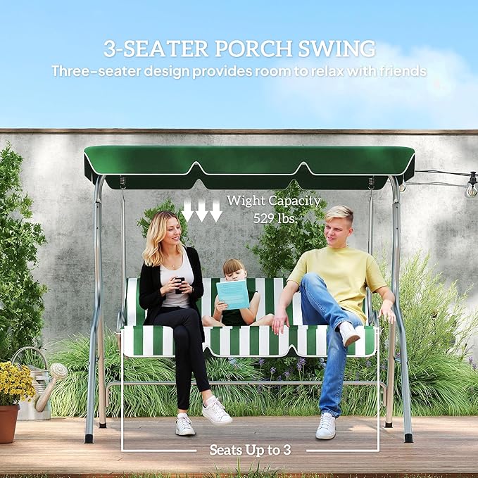 Outsunny 3-Person Porch Swing with Canopy, Patio Swing Chair, Outdoor Canopy Swing Bench with Adjustable Shade - Photo 3