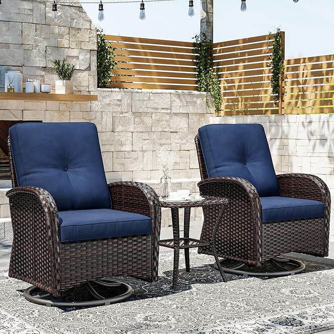 Joyside Outdoor Swivel Rocker Chairs, 3 Piece Wicker Patio Set with Thickened Cushions, High Back, Deep Seating - Photo 2