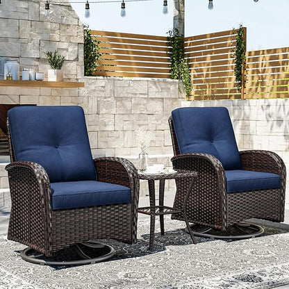 Joyside Outdoor Swivel Rocker Chairs, 3 Piece Wicker Patio Set with Thickened Cushions, High Back, Deep Seating, Wide Armrest, Outdoor Swivel Chairs for Porch, Deck