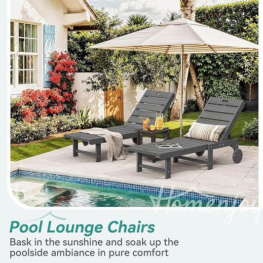 Outdoor Chaise Lounge Chairs Set of 2, 2-Piece, 26.8” Super Wide Lounge Chair Outdoor, HDPS Pool Chairs with 5 Positions, Patio Lounge Chair with Wheels for Pool,Lawn,Backyard, Dark Gray