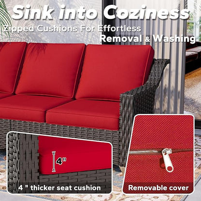5 Pieces Patio Conversation Furniture Set - 1 Sofa, 4 Swivel Chairs, Outdoor Wicker Furniture with Removable Cushions for Porch, Balcony, Sunroom (Red)