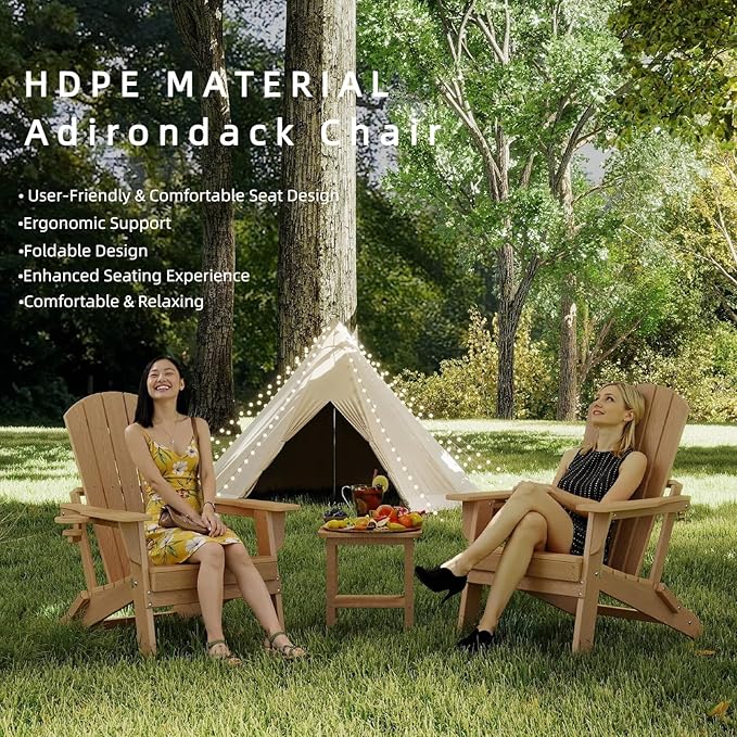 Folding Adirondack Chair Set of 4，Wooden Textured Fire Pit Chair with Cup Holder, Heavy All-Weather HDPE Plastic Outdoor Patio Chairs for Poolside Backyard Patio Outdoor Garden