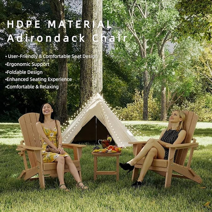 Folding Adirondack Chair Set of 4，Wooden Textured Fire Pit Chair with Cup Holder, Heavy All-Weather HDPE Plastic Outdoor Patio Chairs for Poolside Backyard Patio Outdoor Garden