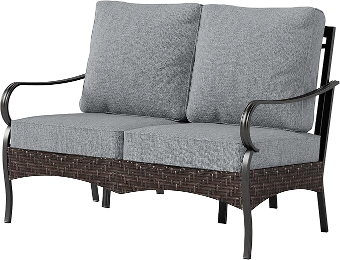 PHI VILLA Wicker & Metal Outdoor 2-Seat Patio Couch, Patio Sofa Loveseat with Deep Seating for Front Porch, Deck - Photo 7