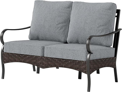 PHI VILLA Wicker & Metal Outdoor 2-Seat Patio Couch,Patio Sofa Loveseat with Deep Seating for Front Porch, Deck, Balcony, Backyard, Sunroom,Grey