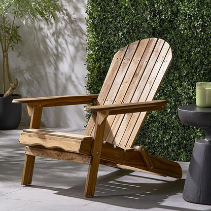 Folding Adirondack Chair Outdoor Wooden Accent Furniture Fire Pit Lounge Chairs,Foldable Design for Patio & Garden Relaxation with Slatted Back & Wide Armrests- Teak Finis