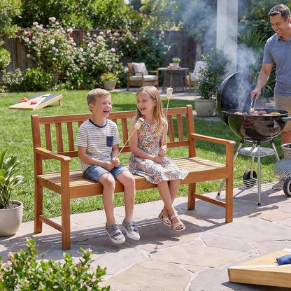 Flamaker Outdoor Bench with Pull-Up Center Table, Acacia Wood Bench Folding Loveseat for 2 Person, Weather-Resistant Patio Seating for Garden, Backyard, Porch, Poolside, Log Brown