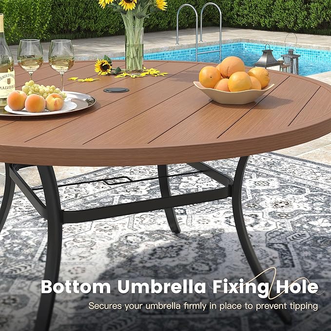 VICLLAX 63" Outdoor Patio Dining Table for 8-10, Metal Round Table with Umbrella Hole for Deck Lawn Garden Backyard - Photo 5