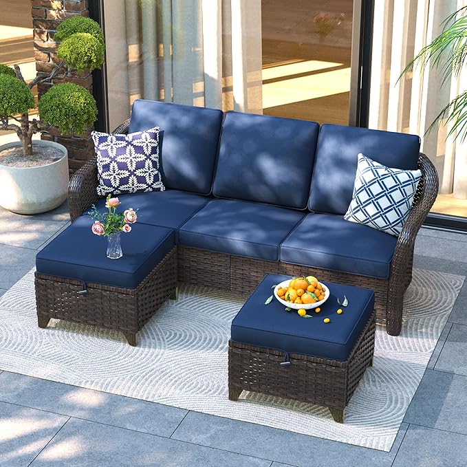 3 Pieces Patio sectional Sofa Set, Outdoor Conversation Furniture Set, 78" 3-Seat Couch with 2 Ottomans - Photo 1