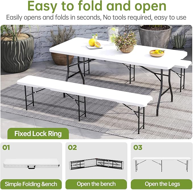 Real Relax 6 feet Plastic Folding Bench with Carrying Handle & Lock,Portable in/Outdoor Picnic Party Camping Dining Seat, Garden Soccer Multipurpose Entertaining Activities,Waterproof, 2 Pack, White