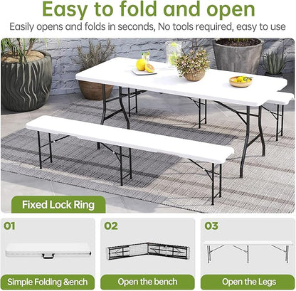 Real Relax 6 feet Plastic Folding Bench with Carrying Handle & Lock,Portable in/Outdoor Picnic Party Camping Dining Seat, Garden Soccer Multipurpose Entertaining Activities,Waterproof, 2 Pack, White