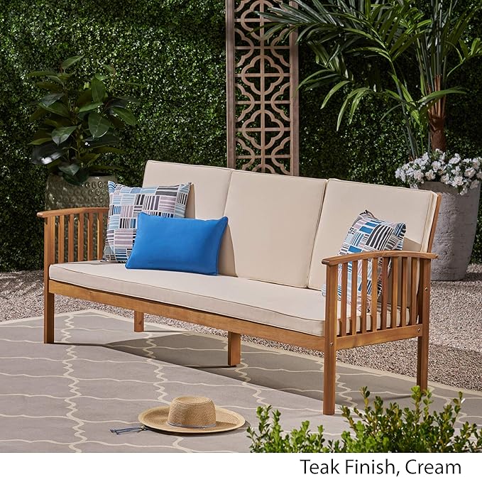 Christopher Knight Home Breenda Outdoor Acacia Wood Sofa with Cushions, Teak Finish, Cream - Photo 5