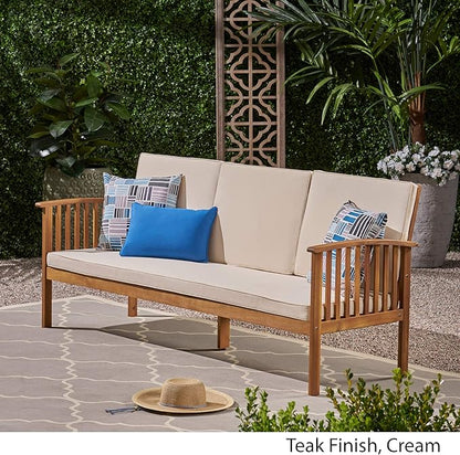 Christopher Knight Home Breenda Outdoor Acacia Wood Sofa with Cushions, Teak Finish, Cream