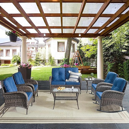 Belord Patio Club Chair Wicker Chairs - Outdoor High Back Chair Set of 2 Patio Furniture Set Rattan Seating with Removable Cushions for Porch Balcony Deck Pool Brown/Blue