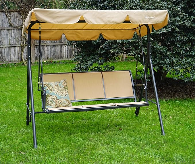 Kozyard 3-Person Outdoor Canopy Porch Swing Chair, Breathable Textilene Armrest Seat, Adjustable Shade, Heavy-Duty Powder-Coated Steel Frame Swing for Patio, Backyard, Poolside & Balcony, Beige