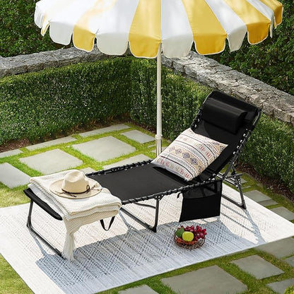 Flamaker Foldable Chaise Lounge Chair 5-Position Adjustable, Tanning Chair with Side Pocket, Outdoor Sunbathing for Pool, Beach, Patio, Lawn, Indoor Recliner Chair for Napping(Black, 1 Pcs)