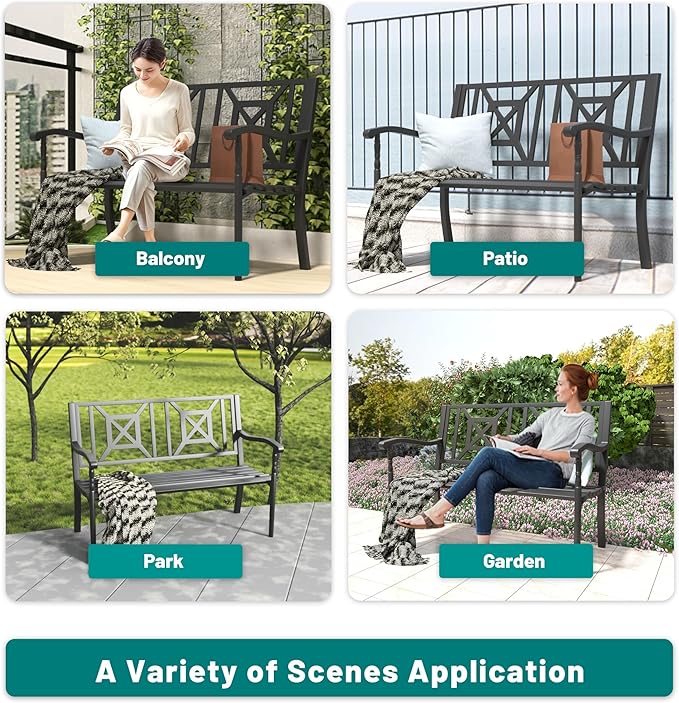 Metal Bench Patio Bench,Outdoor Benches Weatherproof with Lattice Backrest, Wrought Iron Garden Benches for Outdoors, Patio, Garden, Park