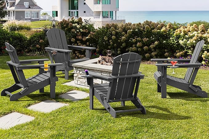 SERWALL Foldable Adirondack Chair Set of 8, Oversized HDPE Adirondack Chair with Wood-Texture-Gray - Photo 9