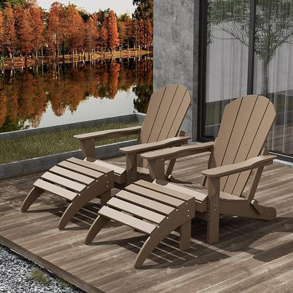 WestinTrends Malibu Outdoor Lounge Chair Set, 4-Pieces Adirondack Chair Set of 2 with Ottoman, All Weather Poly Lumber Patio Lawn Folding Chair for Outside Pool Beach, Weathered Wood